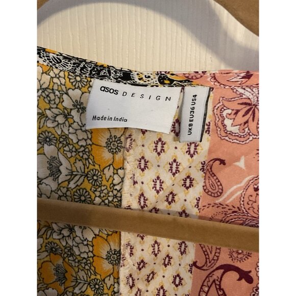 ASOS Pink‎ Gold Satin Paisley Long Sleeve Dress Boho Mixed Pattern V-Neck Size 4 - Picture 4 of 6